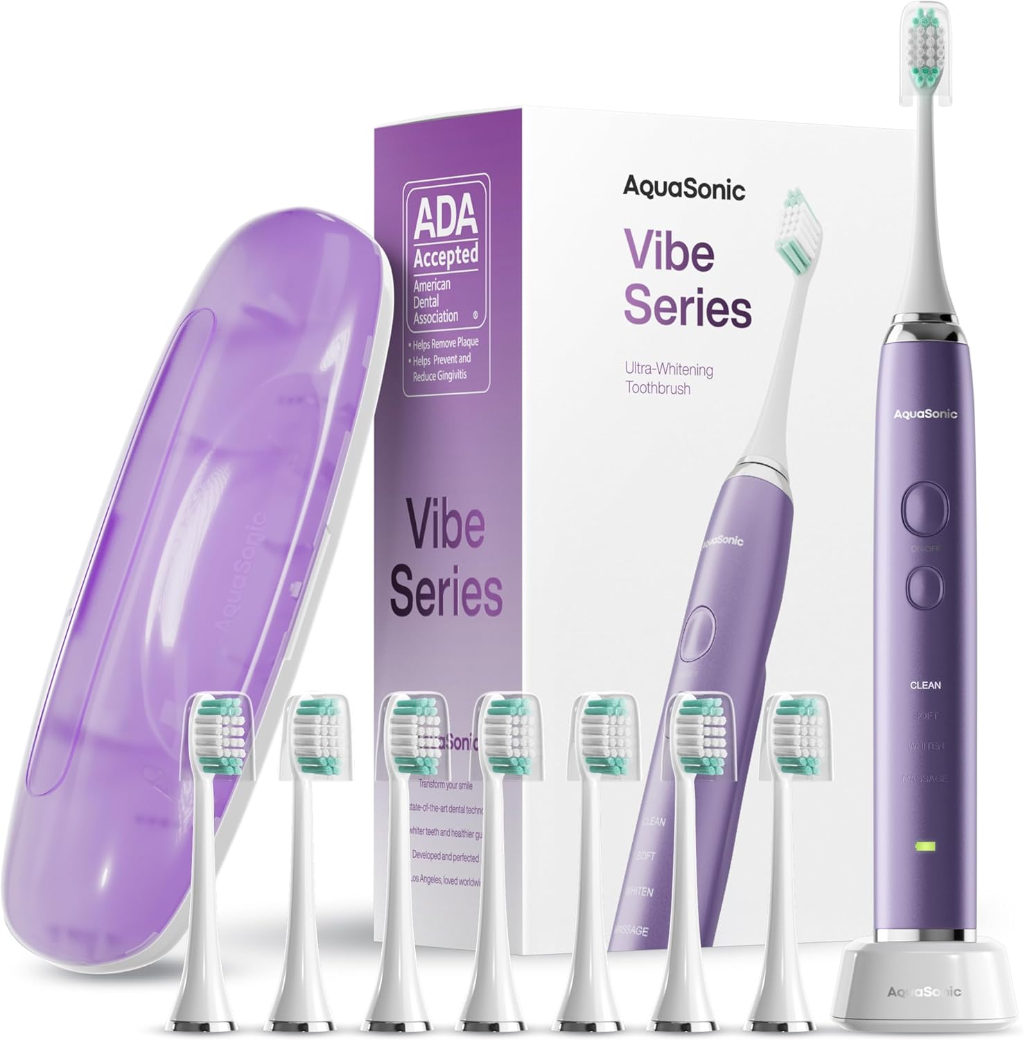 Aquasonic Vibe Series Ultra-Whitening Toothbrush \u2013 ADA Accepted Electric Toothbrush - 8 Brush Heads &amp; Travel Case \u2013 40,000 VPM Motor &amp; Wireless Charging - 4 Modes w Smart Timer \u201
