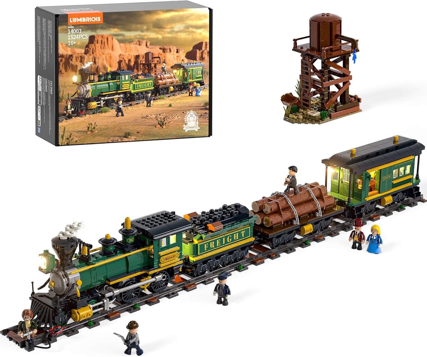 Lumibricks Wild West Freight Train Lighting Building-Bricks Set - Classic 4-4-0 Locomotive Model 1524 Pcs Ideas Kit for Adult and Teens