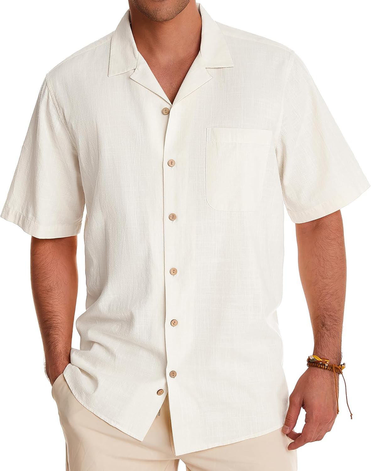 Alimens &amp; Gentle Mens Linen Shirts Cotton Hawaiian Shirts Short Sleeve Button Down Shirts Casual Summer Beach Tops