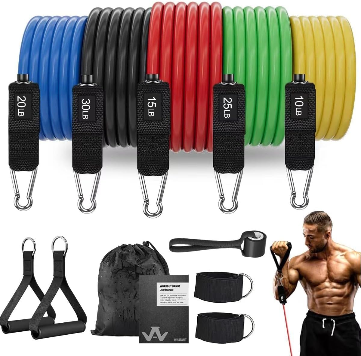 WHATAFIT Resistance Bands Set with Handles - Exercise Bands Home Gym Strength Training Equipment, Includes Door Anchor &amp; Ankle Straps for Full Body Workout Bands, Physical Therapy