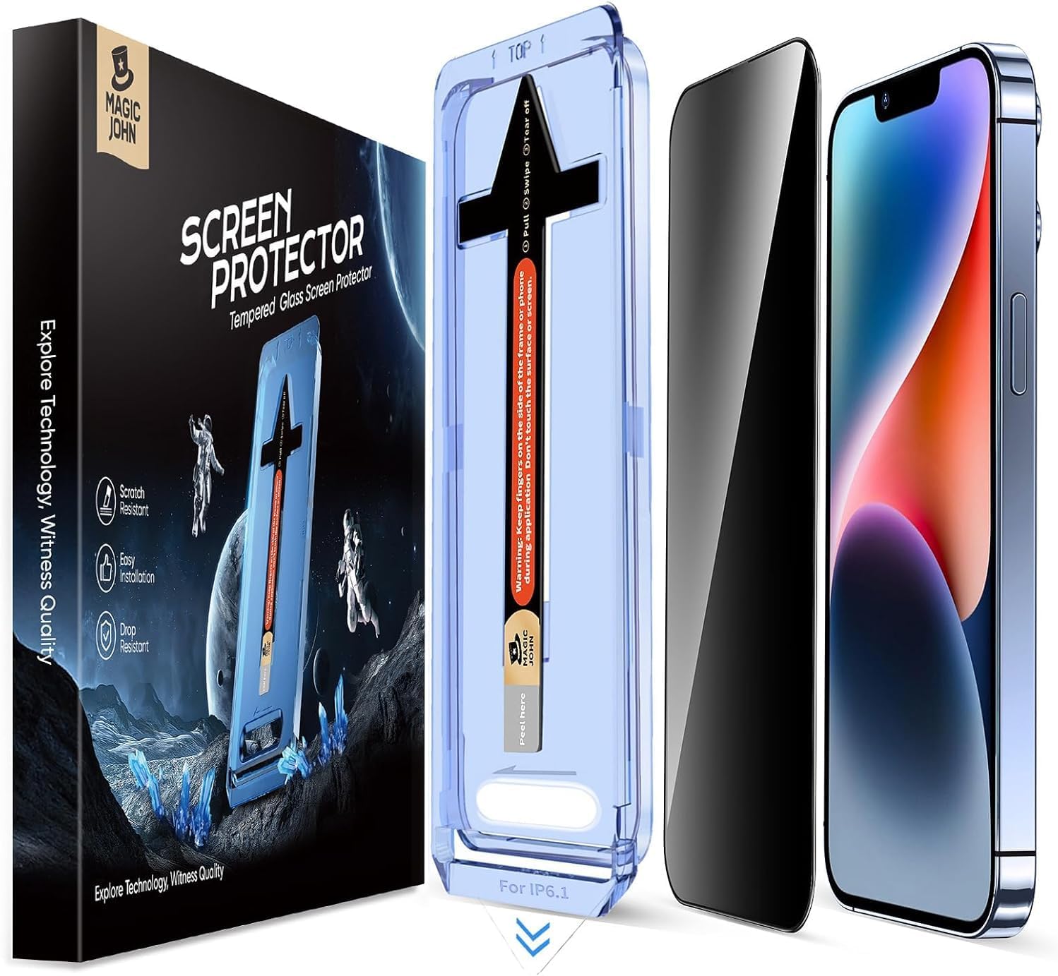 MAGIC JOHN 2 Pack for iPhone 13\/13Pro\/14\/16e 6.1 inch Privacy Glass Screen Protector, Auto Dust-Elimination, Bubble Free, Easy Installation
