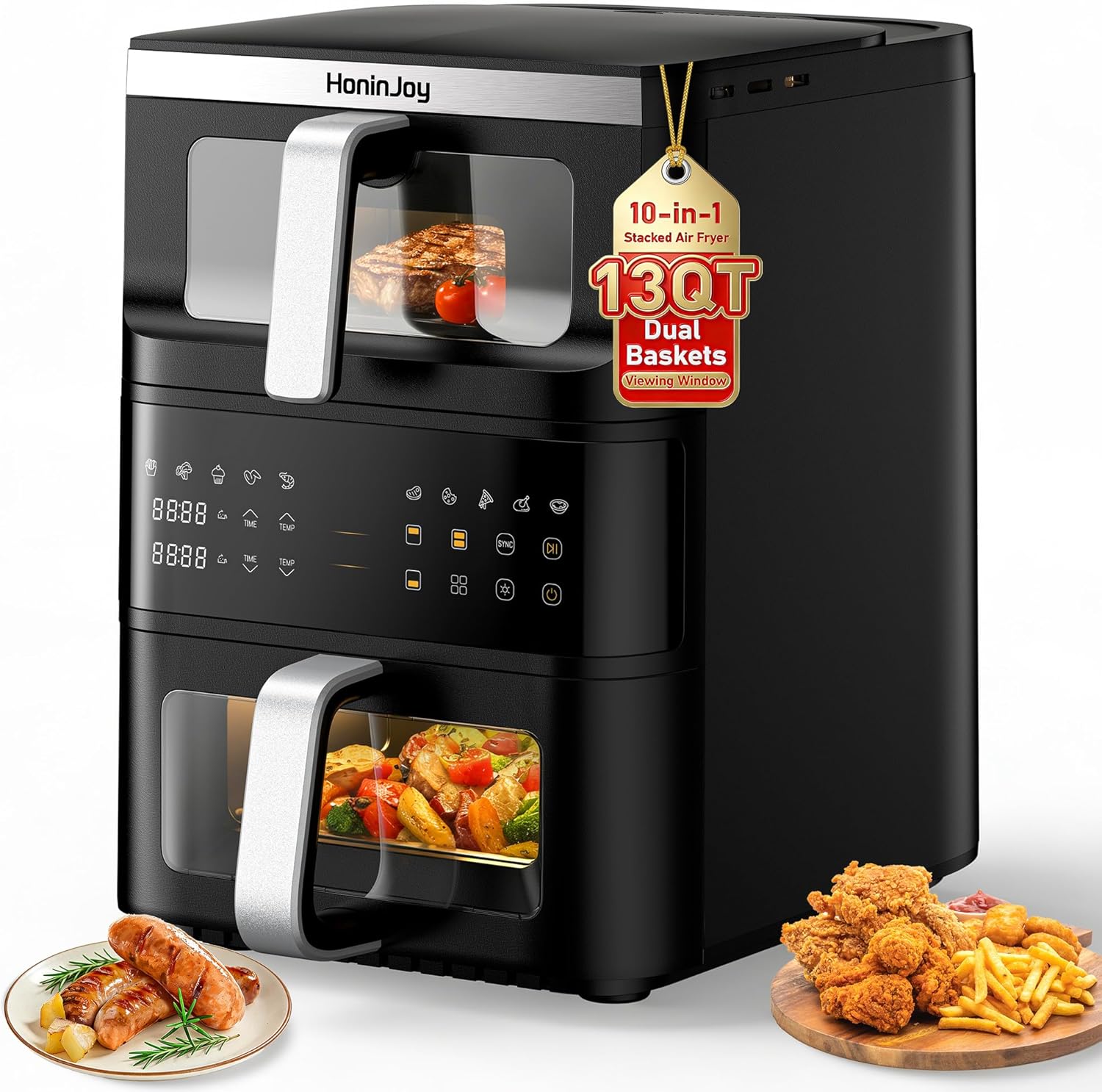 13QT Dual-Basket Air Fryer, Vertical Compact Large Air Fryers with viewing window &amp; Independent Light, 10-in-1 Presets for Home Family, Bake\/Grill\/Dehydrate\/Reheat, Freidora De Aire Dishwasher-
