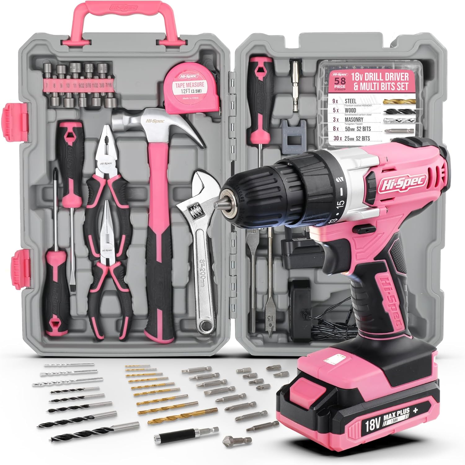 Hi-Spec Cordless Drill Tool Set: Pink Power Drill for Women used for DIY, Building and Fixing Tasks Easy to use All In One Set in Pink Color Stored in a Case 81 Pieces