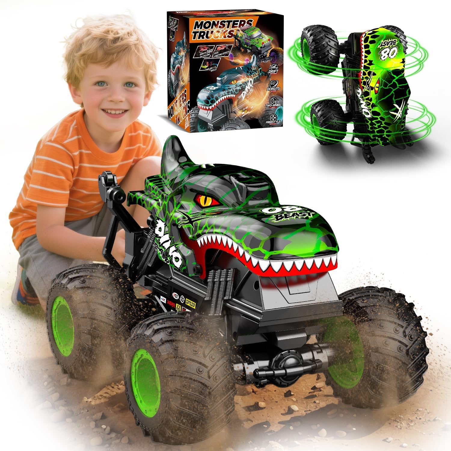 Gohero Monster Truck Toys for Kids, 1:20 Dinosaur Toys RC Car Truck with 360° Spins &amp; Drifting, 2.4GHz All-Terrain Monster Trucks for Boys Age 4-7 | with LED Light, Music &amp; 2 Rechargeable Batt
