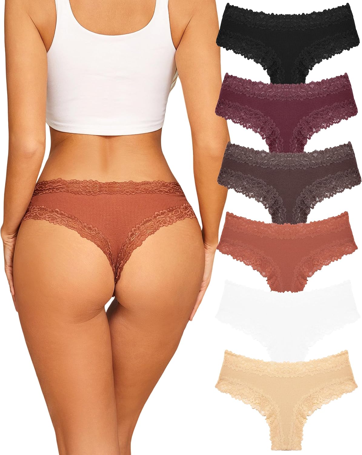 Sth Big Womens Cotton Underwear Sexy Lace Brazilian Panties Soft Breathable Cotton Bikini for Ladies 6 Pack