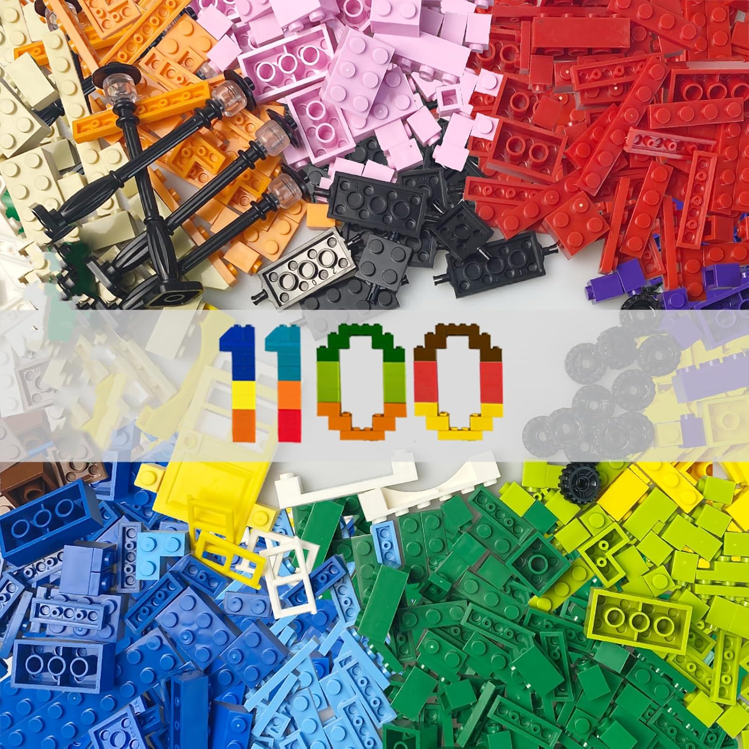 1100 Pieces Building Blocks, Compatible with All Major Brands, Classic Bulk Blocks, Includes Wheels, Door, Window, Street Lights