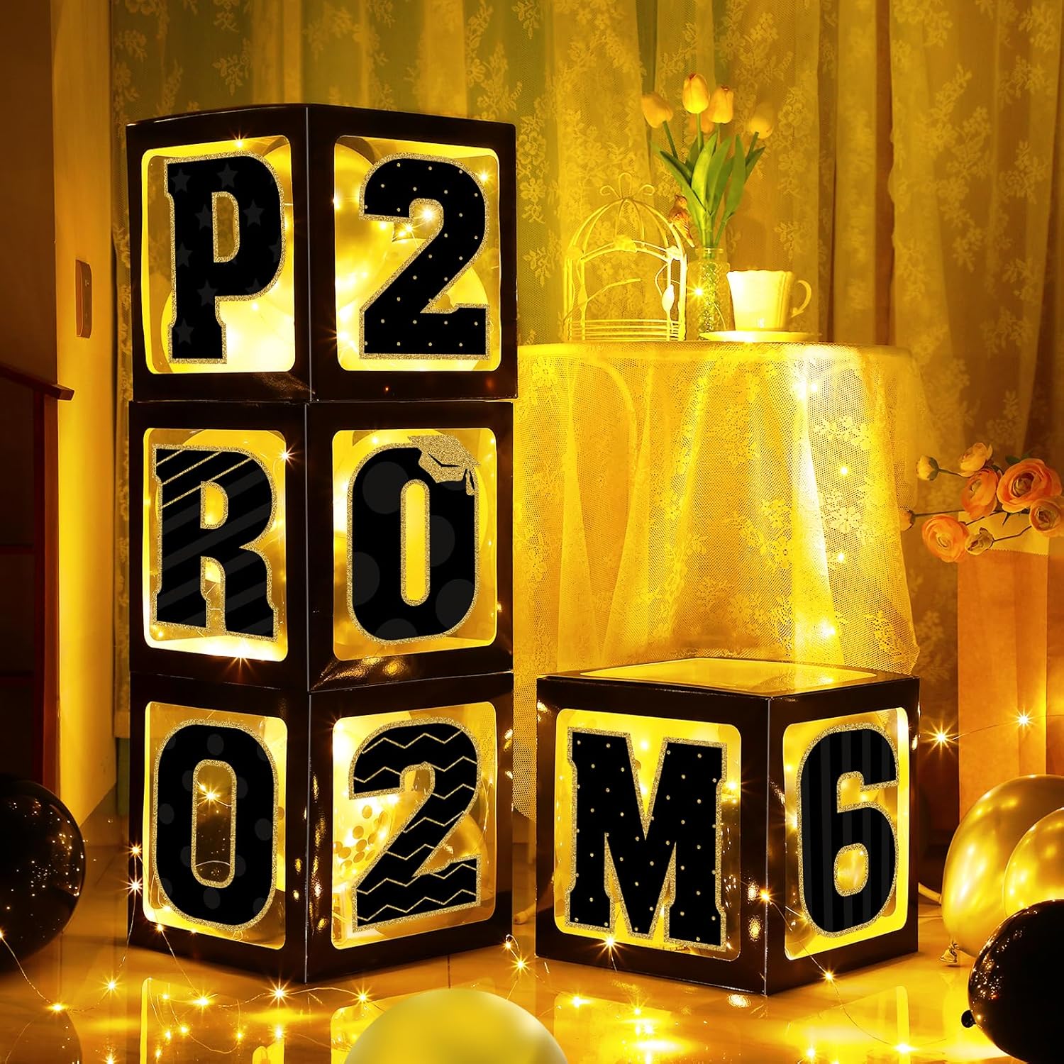 Graduation Prom Party Decorations Class of 2026, 4 Pcs Black and Gold Balloon Boxes with Letters and Light Strings, Graduation Prom Party Supplies Decor for College High School Congrats Grad Ceremony