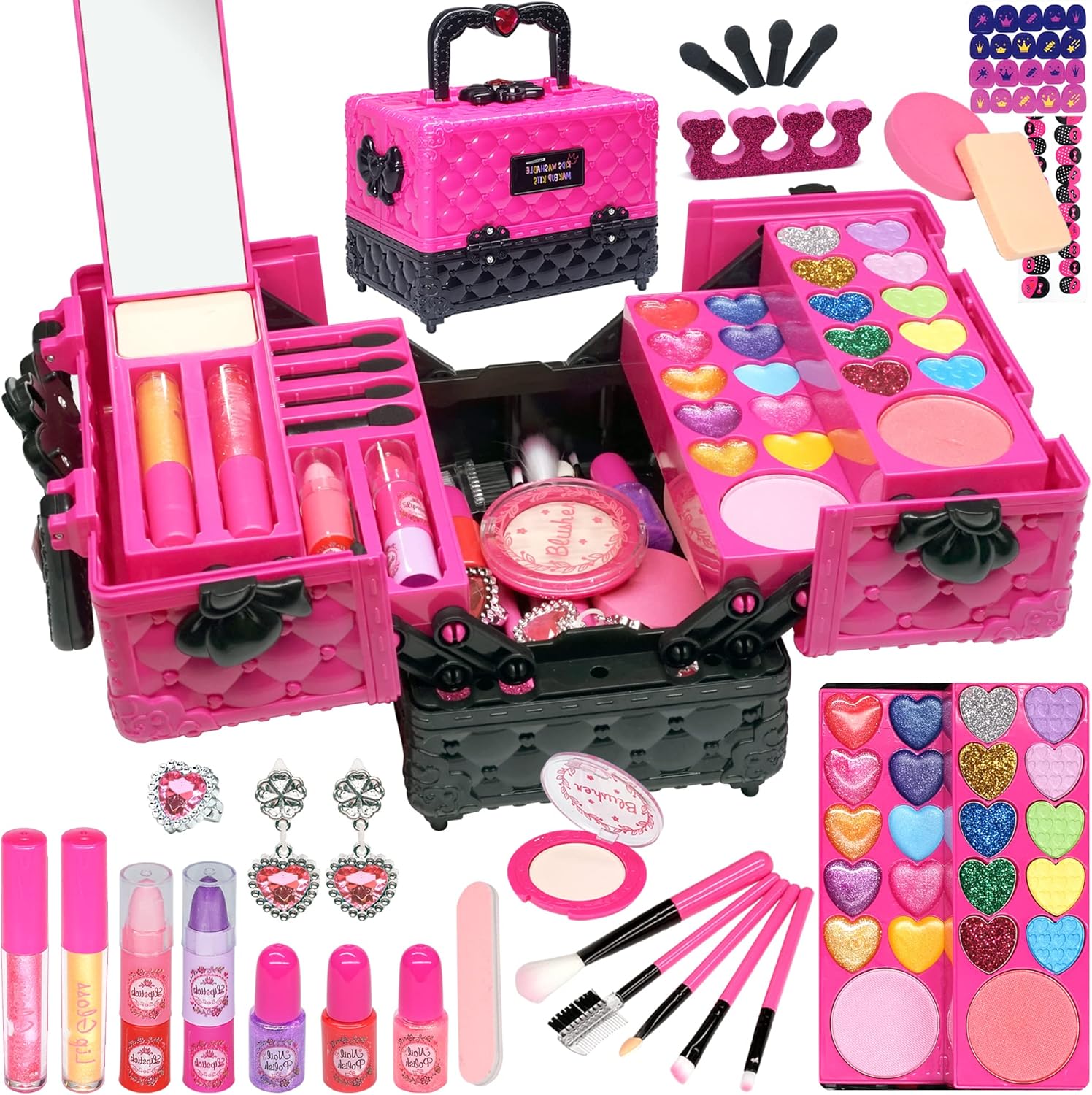 Kids Makeup Kit for Girl - 52 PCS Safe and Washable Makeup for Kids, Real Girls Makeup Kit, Toddler Makeup Kit with Cosmetic Case, Girls Toys Age 4-12, Princess Toys Birthday Gifts for Girls