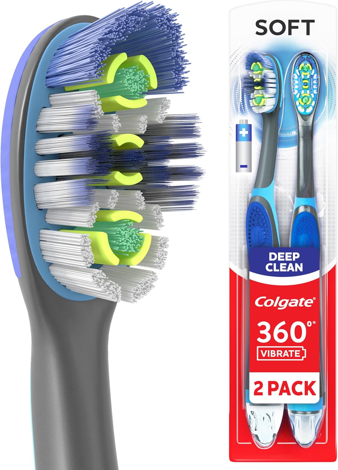 Colgate 360 Vibrate Deep Clean Battery Operated Toothbrush Pack, Soft with 1 AAA Battery Included, 2 Count