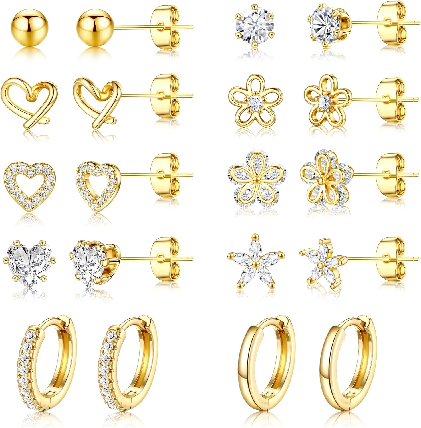 Small Gold Stud Earrings Set for Women - 14K Gold Plated CZ Huggie Hoops Hypoallergenic Earrings Dainty Flower Heart Stud Earrings for Jewelry Gift