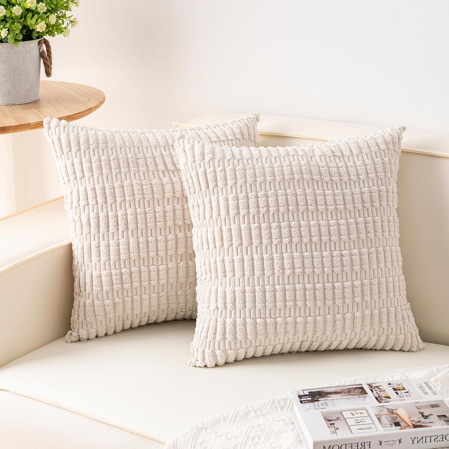 Aegero Pack of 2 Corduroy Decorative Throw Pillow Covers 18x18 Inch Soft Striped Pillow Covers Modern Farmhouse Home Decor for Sofa Living Room Couch Bed(Cream White)