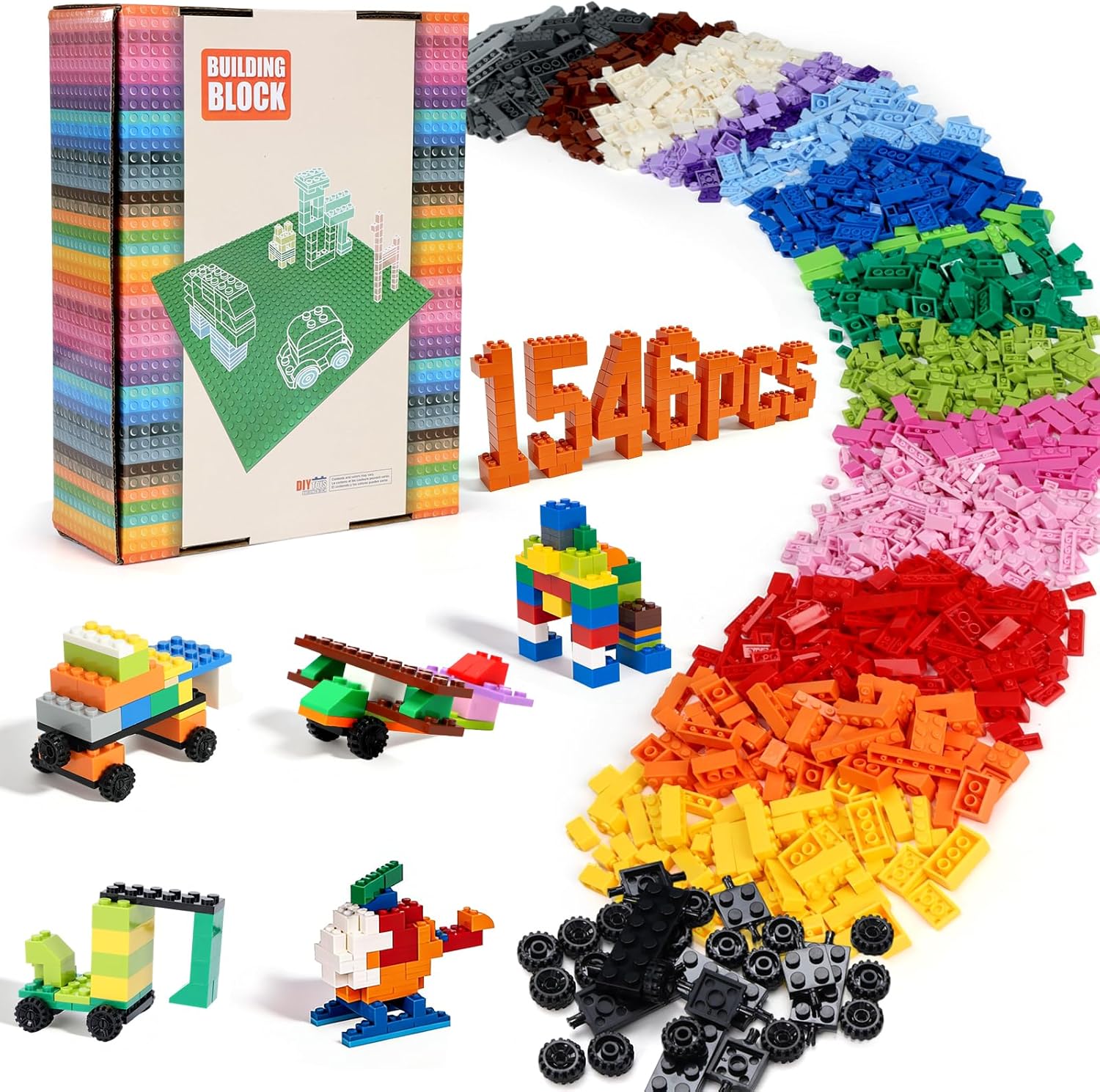 Lekebaby Classic 1546 Pieces Building Bricks with 46PCS Wheel Accessory Kit Basic Brick Set for Kids Creative Play, Compatible with All Major Brands, Educational Toy for Boys Girls 6 Years Old and Up