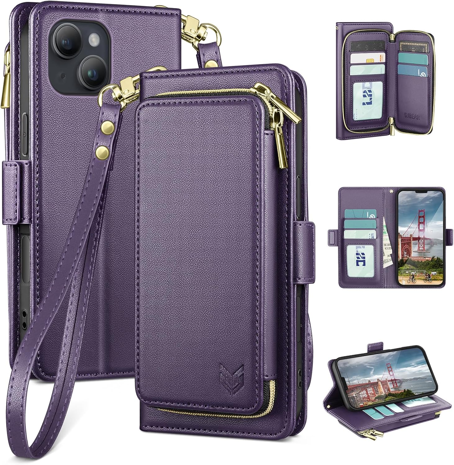 DJBEAR for iPhone 13 6.1" Wallet Case for Men &amp; Women, All-in-One Flip Folio Cover with 9 Card Slots, Zipper Pocket, Detachable Wrist Strap, Full Body Protection for Apple 13 Dark Purple