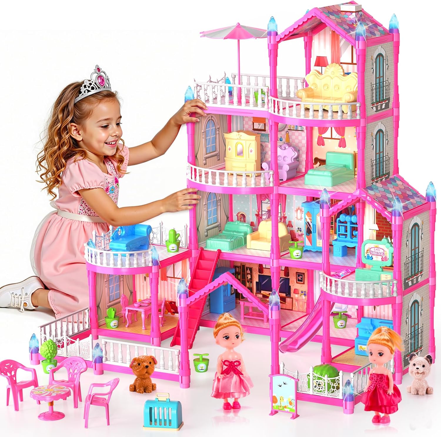 Pupu Pig Doll House Toys for Girls, Dollhouse with Glow in The Dark, Kids Doll House Playset with 4-Story 14 Play Areas, 2 Dolls, Toy Dogs, Dollhouse Accessories and Furniture, Princess Toy Gifts