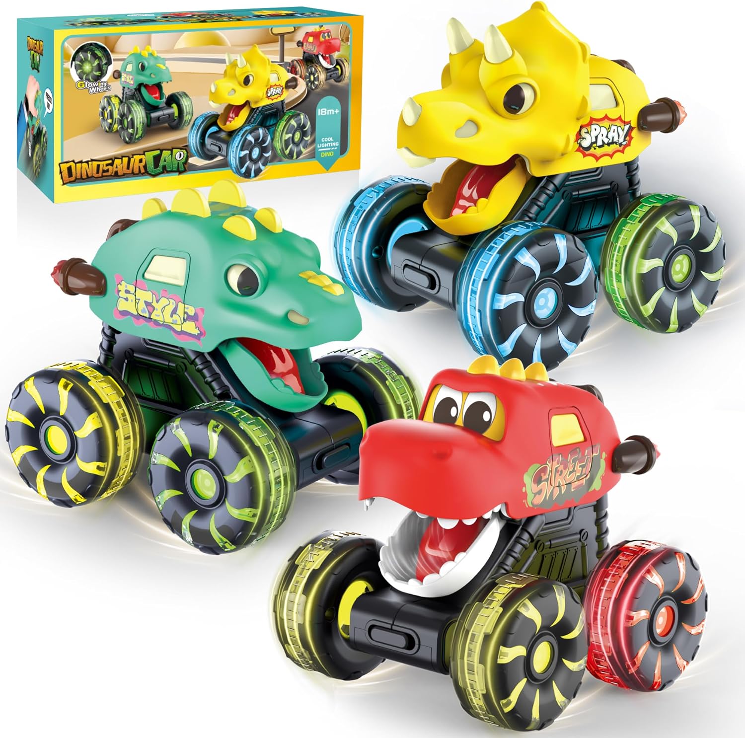 OMAKCOO 3 Pack Dinosaur Monster Truck Toys with Light-Up LED Wheels for Toddlers Kids