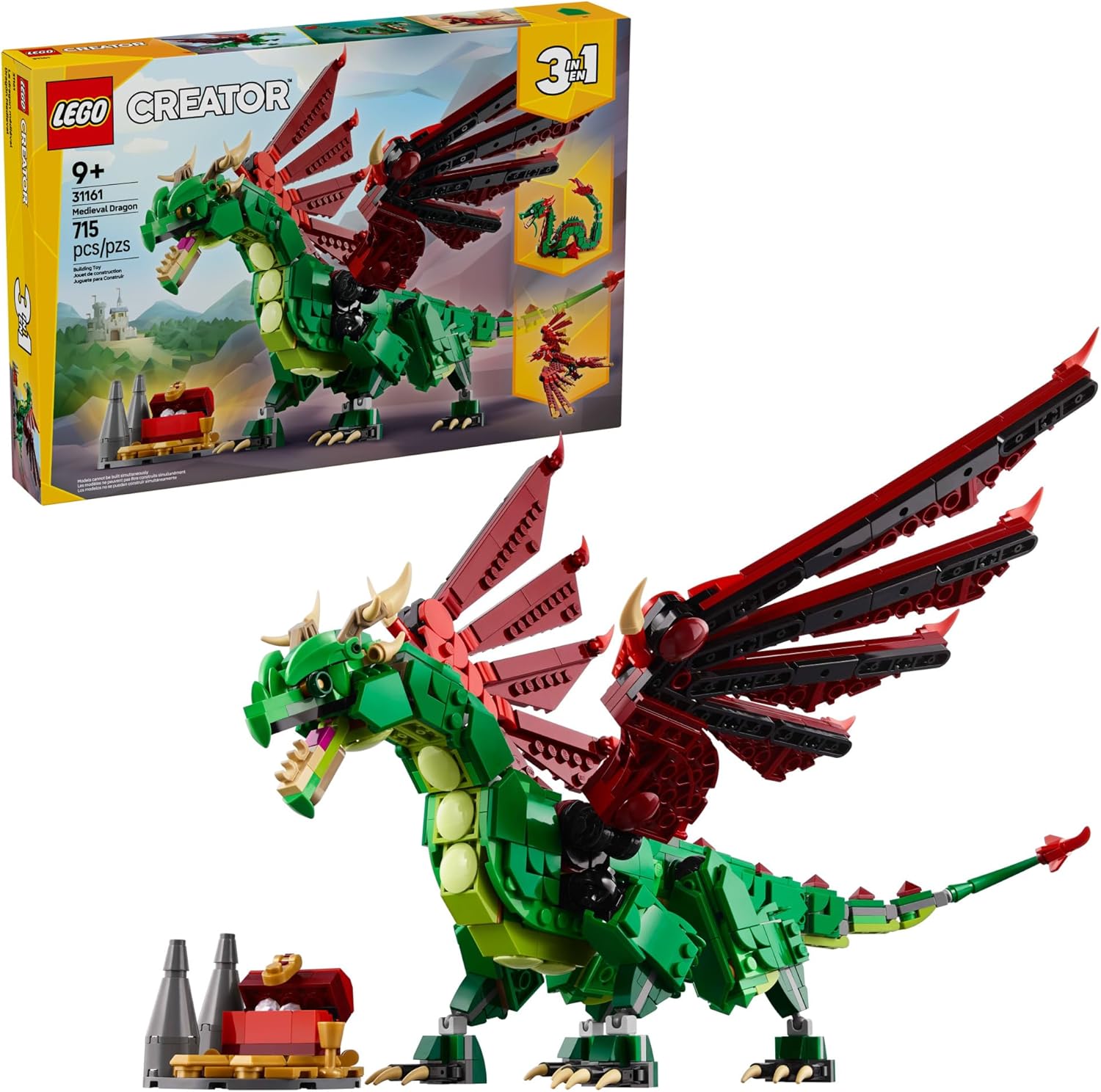 LEGO Creator 3 in 1 Medieval Dragon Toy - Building Toy with 3 Build Options, Dragon, Sea Serpent, or Phoenix - Fantasy Set for Kids, Boys and Girls, Ages 9+ - Gift Idea for Birthdays - 31161